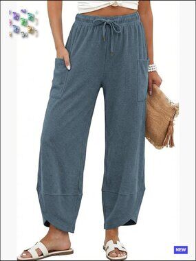 Wide Leg Palazzo Harem Pants Elastic Waist Baggy Pockets Y2K Chic